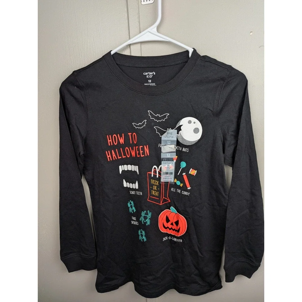Carters Kid How To Halloween Black Long Sleeve Graphic Tee Shirt Size 12 NWT